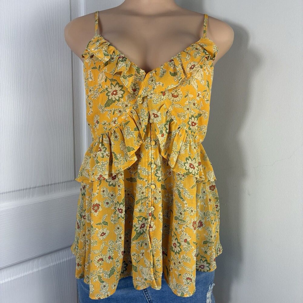 Jessica Simpson Womens Blouse Sz S Yellow Floral Ruffled Fairy Babydoll y2k